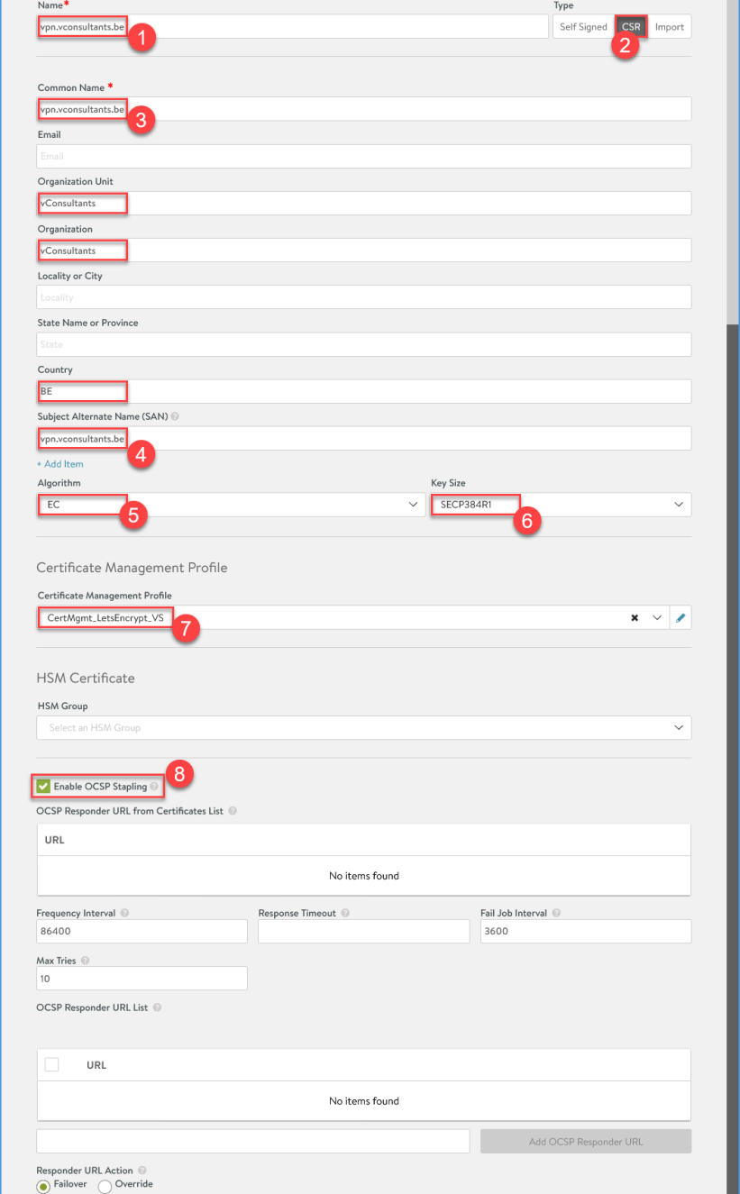 Configure the Let's Encrypt certificate request.